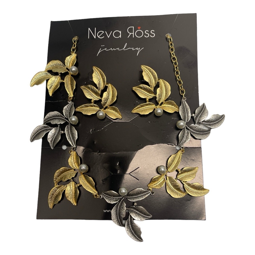 Neva Ross Jewelry Set‎ Necklace & Earrings Leaf Design With Pearlike Bead